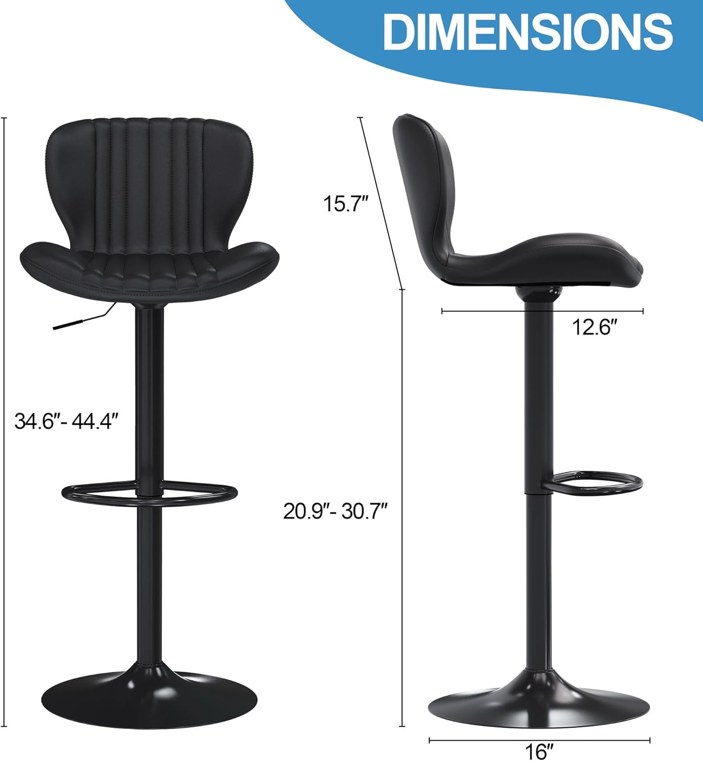 Shintenchi Bar Stools Set of 2 Modern Swivel Bar Chairs, Counter Height Faux Leather Metal Barstools, Upholstered Island Chairs with Back and Footrest, Black