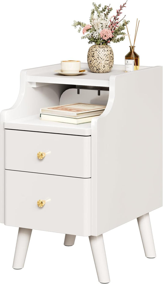 Narrow Nightstand, Solid Wood Night Stand with 2 Drawers, Black Mid Century Modern Nightstand, Small Beside Table with Open Storage Shelf for Bedroom（12 inch