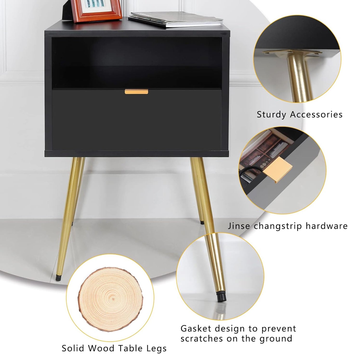 Cloud Space Mid Century Modern Nightstand, Black Nightstand with Drawer and Shelf, Versatile Wood Side End Table for Living Room, Lounge, Sturdy Construction, Easy Assembly