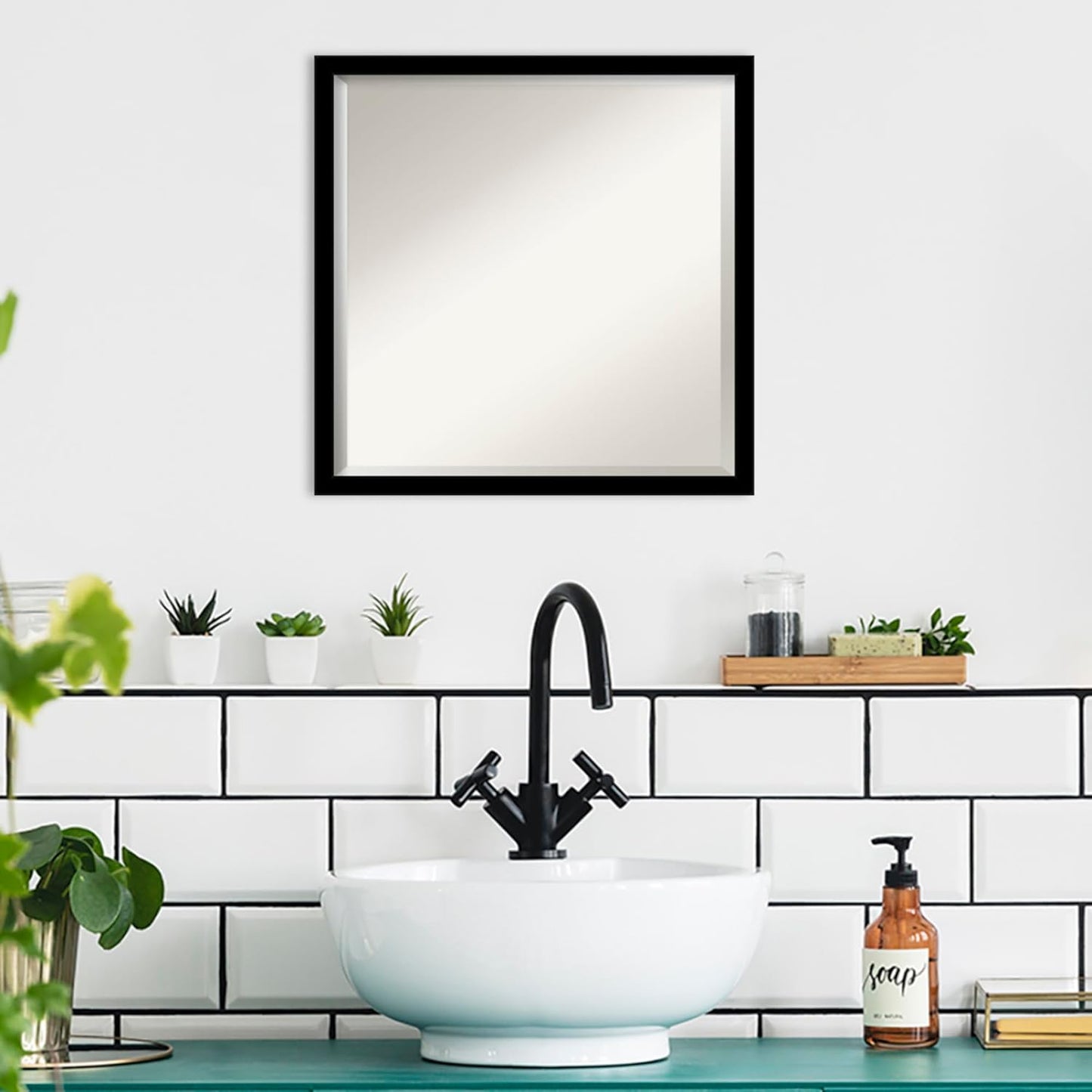 Amanti Art Black Bathroom Mirror for Over Sink, 22x22 Jet Black Square Vanity Mirror, Medium Modern Contemporary Frame, Hangs Horizonally and Vertically, Bathroom Wall Decor, Beveled Edge