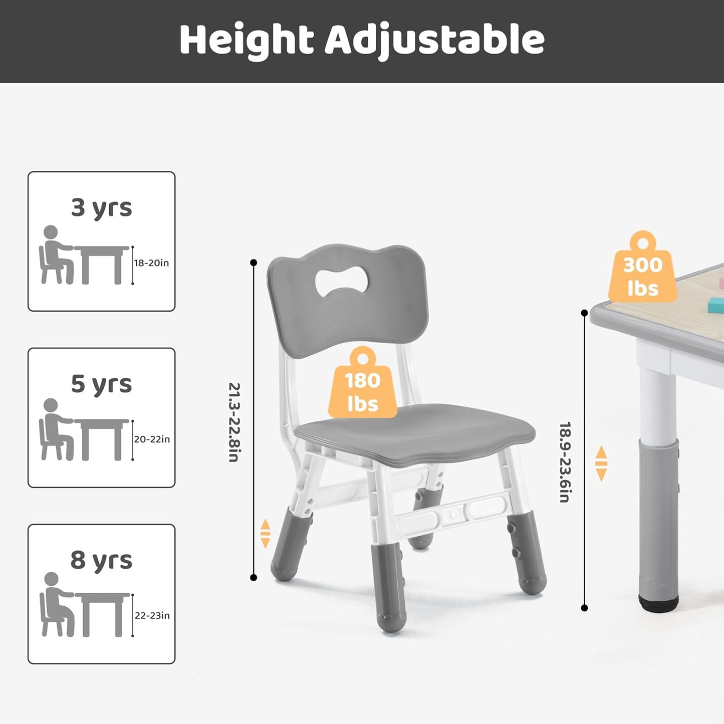 Kids Table & Chairs Set (2 Chairs) Height Adjustable for Ages 2-8 | Non-Slip Toddler Activity Table with Wipe-Clean Desktop, Montessori Learning & Art Drawing Table for Home Preschool