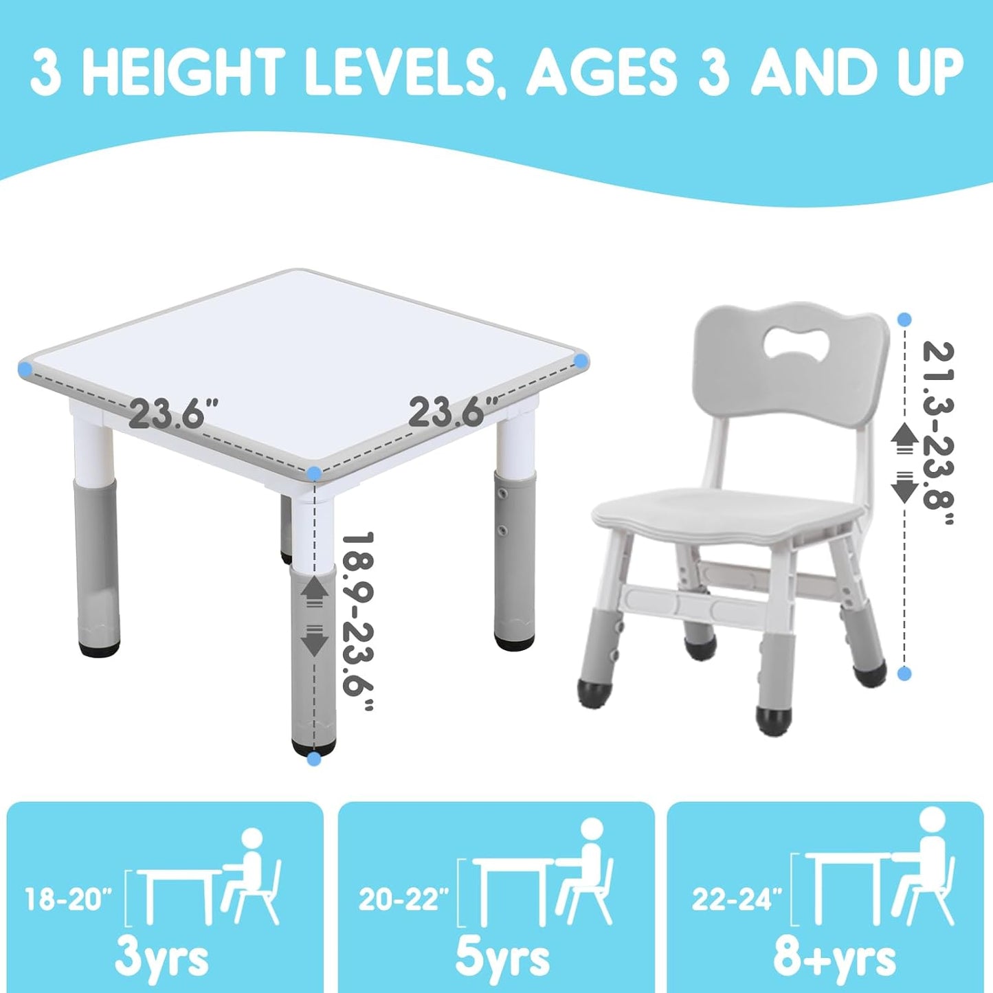 Kids Table & Chair Set with Adjustable Toddler-Safe Non-Slip Legs, Activity & Graffiti-Proof Desktop Ages 3-12