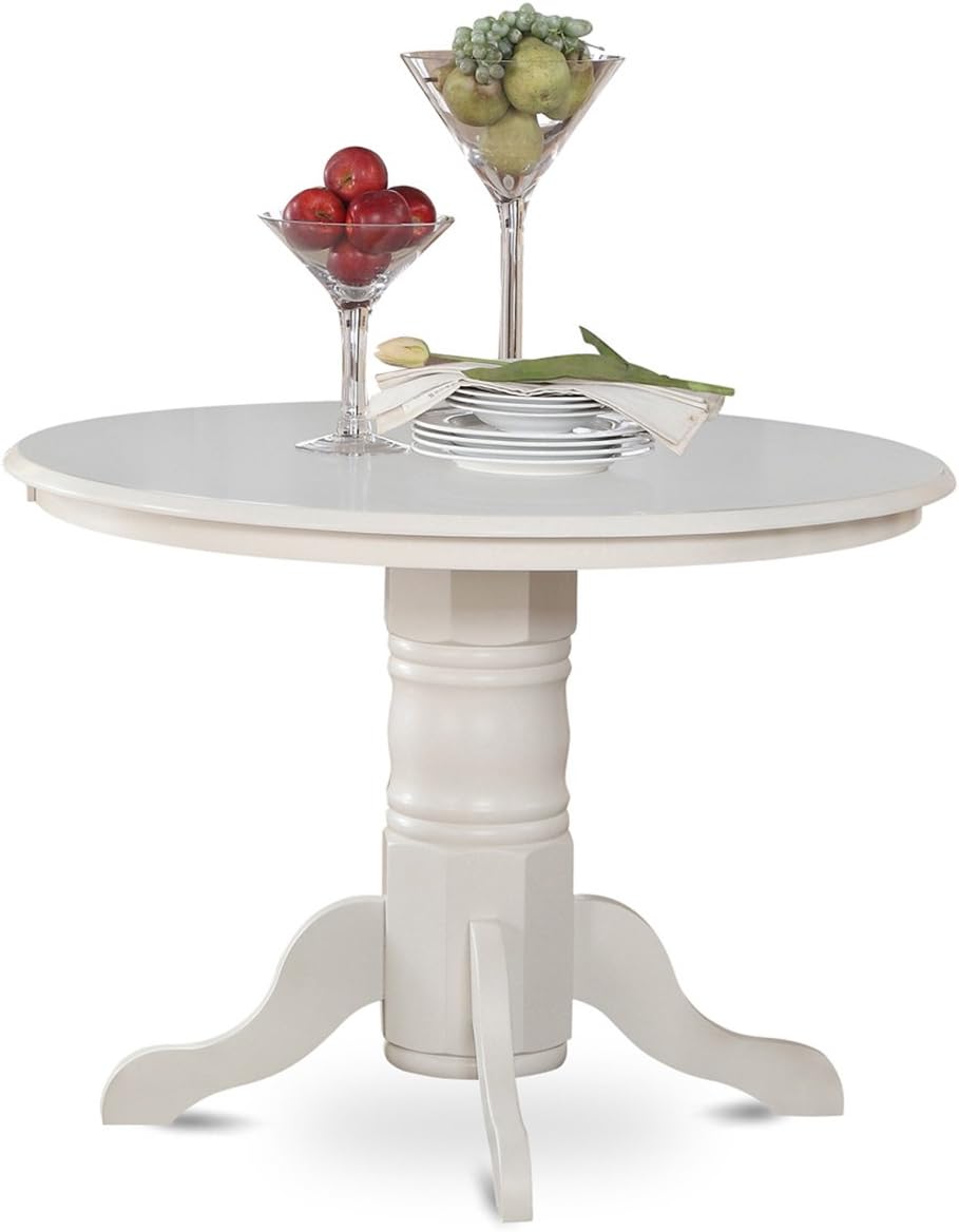 East West Furniture SHEN3-LWH-06 3 Piece Dining Set Contains a Round Kitchen Table with Pedestal and 2 Dark Shitake Linen Fabric Parson Dining Chairs, 42x42 Inch, Linen White