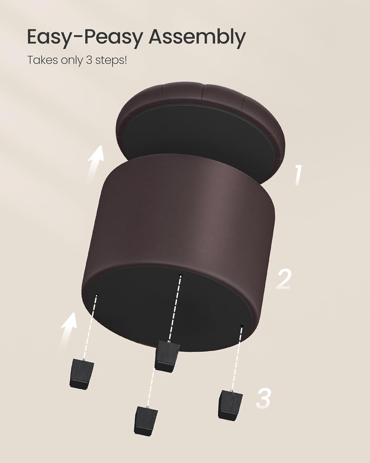 SONGMICS Round Ottoman, Ottoman with Storage, 17.7 x 17.7 x 17.5 Inches, Foot Rest with Legs, Synthetic Leather, Load up to 330 lb, for Living Room, Bedroom, Chestnut Brown ULOM014K01