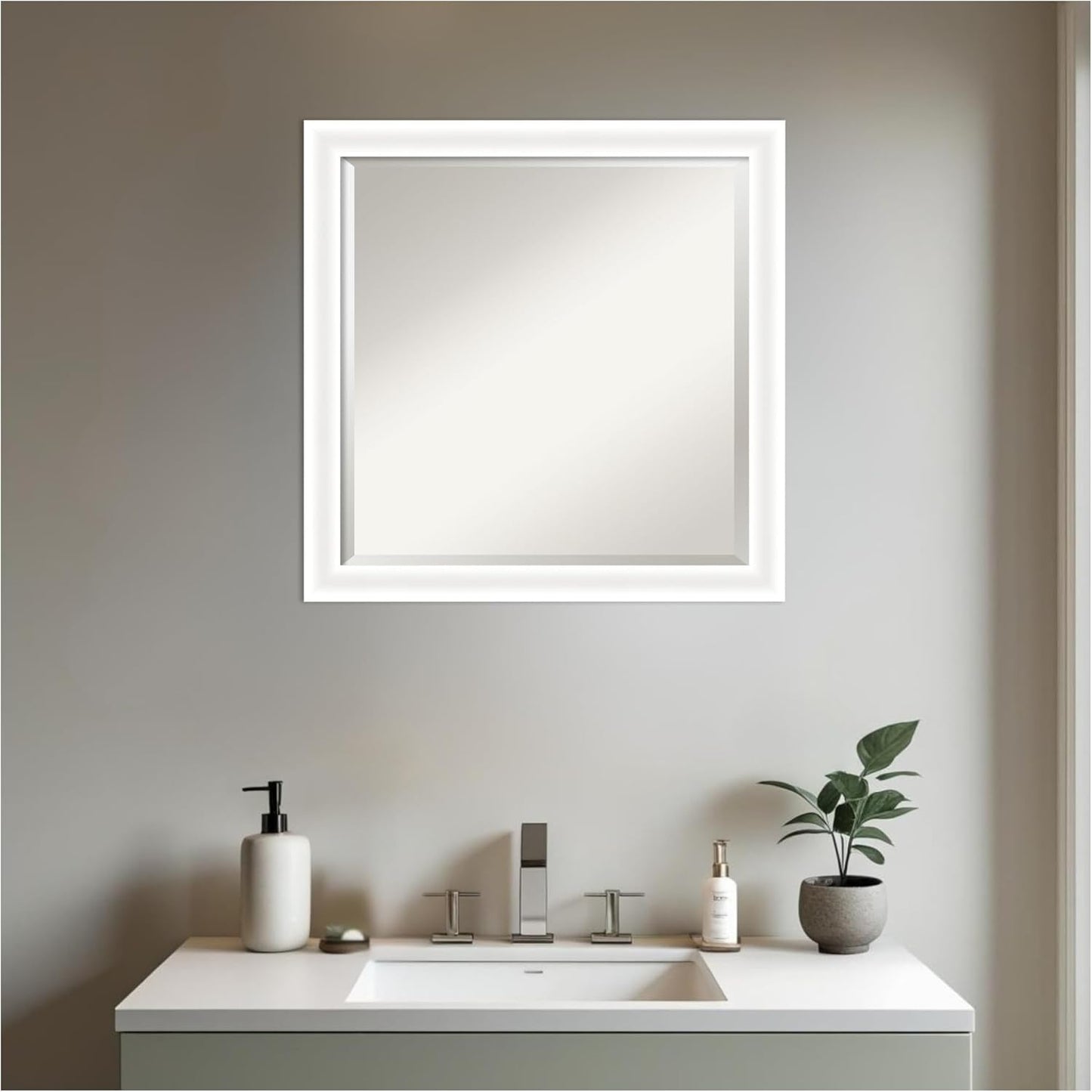 Amanti Art White Bathroom Mirror for Over Sink, 23x23 Oliver White Narrow Square Vanity Mirror, Medium Modern Wood Frame, Hangs Horizonally and Vertically, Bathroom Wall Decor, Beveled Edge