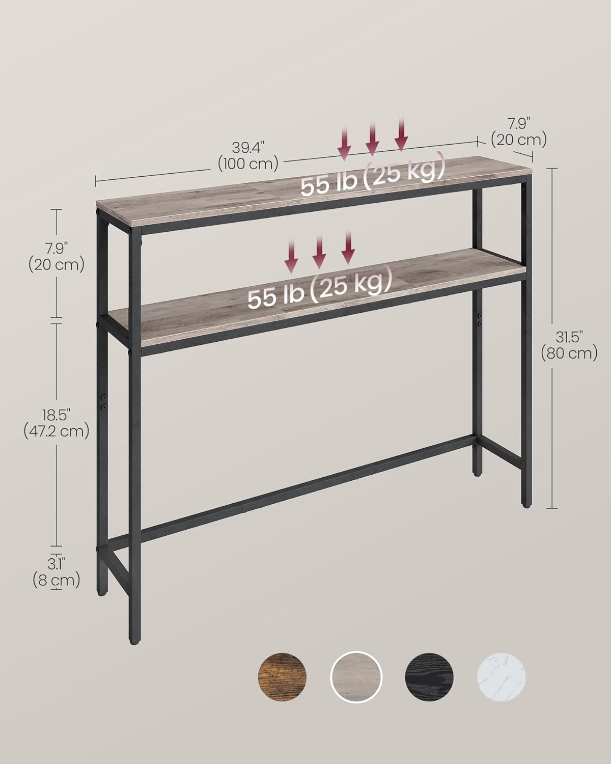 VASAGLE Console Table, 2-Tier Narrow Sofa Table with 2 Shelves, 7.9 x 39.4 x 31.5 Inches, for Living Room, Hallway, Entryway, Heather Greige and Ink Black ULNT131K02V1