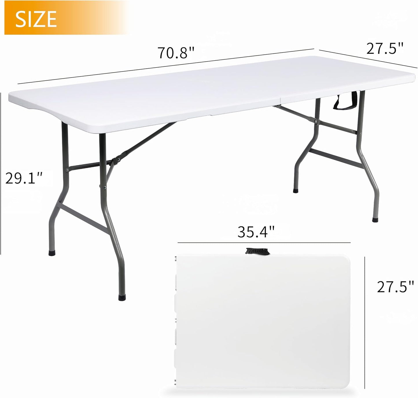 Folding Table 6 FT Lightweight Portable Plastic Fold-in-Half Utility Foldable Table suitable to hold large, Plastic Dining Indoor Outdoor for Camping, Picnic and Party, White(27.5"D ×70.8"W ×29.1"H)