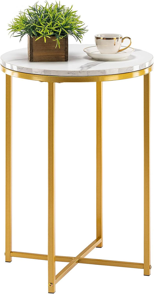 TECHMILLY Round End Table, Faux Marble Sofa Table, Accent Side Table with Metal Frame, Modern Gold Nightstand, Tall Coffee Table for Living Room, Bedroom