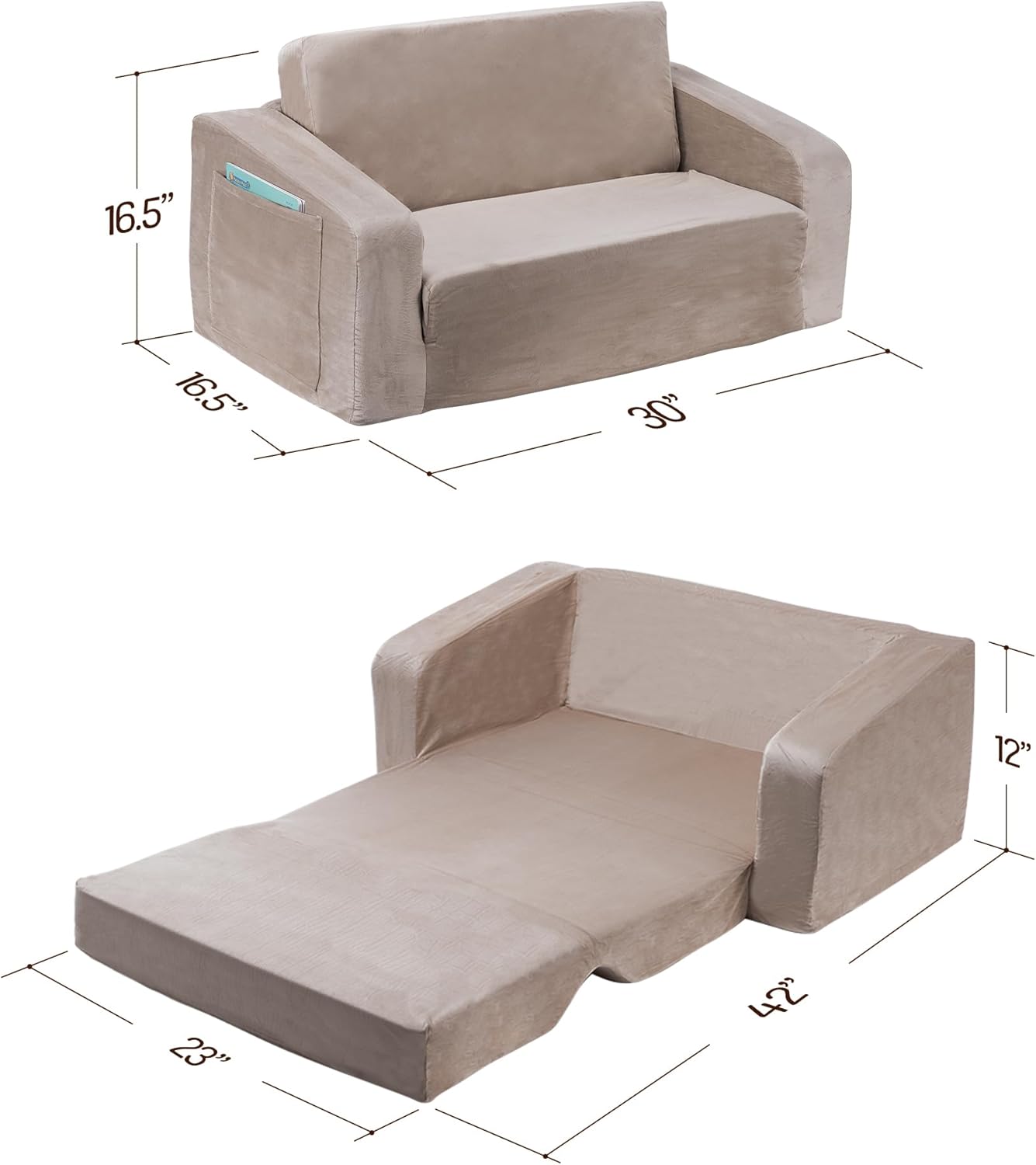 Kids Couch, Extra Wide 2-in-1 Toddler Sofa Convertible Fold Out to Lounger Bed for Girls and Boys, Apricot