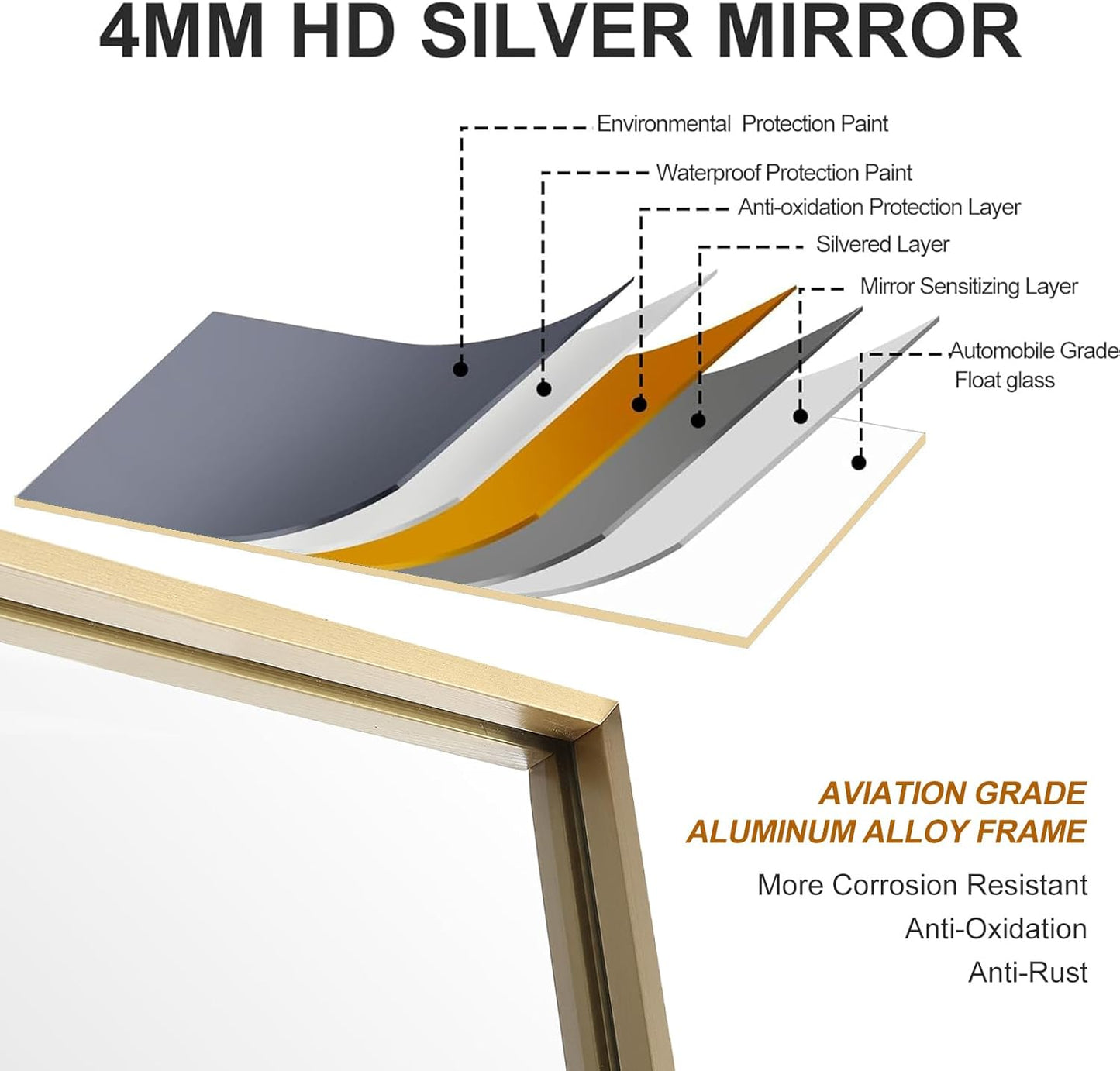30x40 Inch Gold Bathroom Mirror - Copper-Free Mirror, Aluminum Alloy Frame Vanity Rectangle Wall Mounted Modern Mirror for Bedroom/Living Room/Porch Horizontal or Vertical