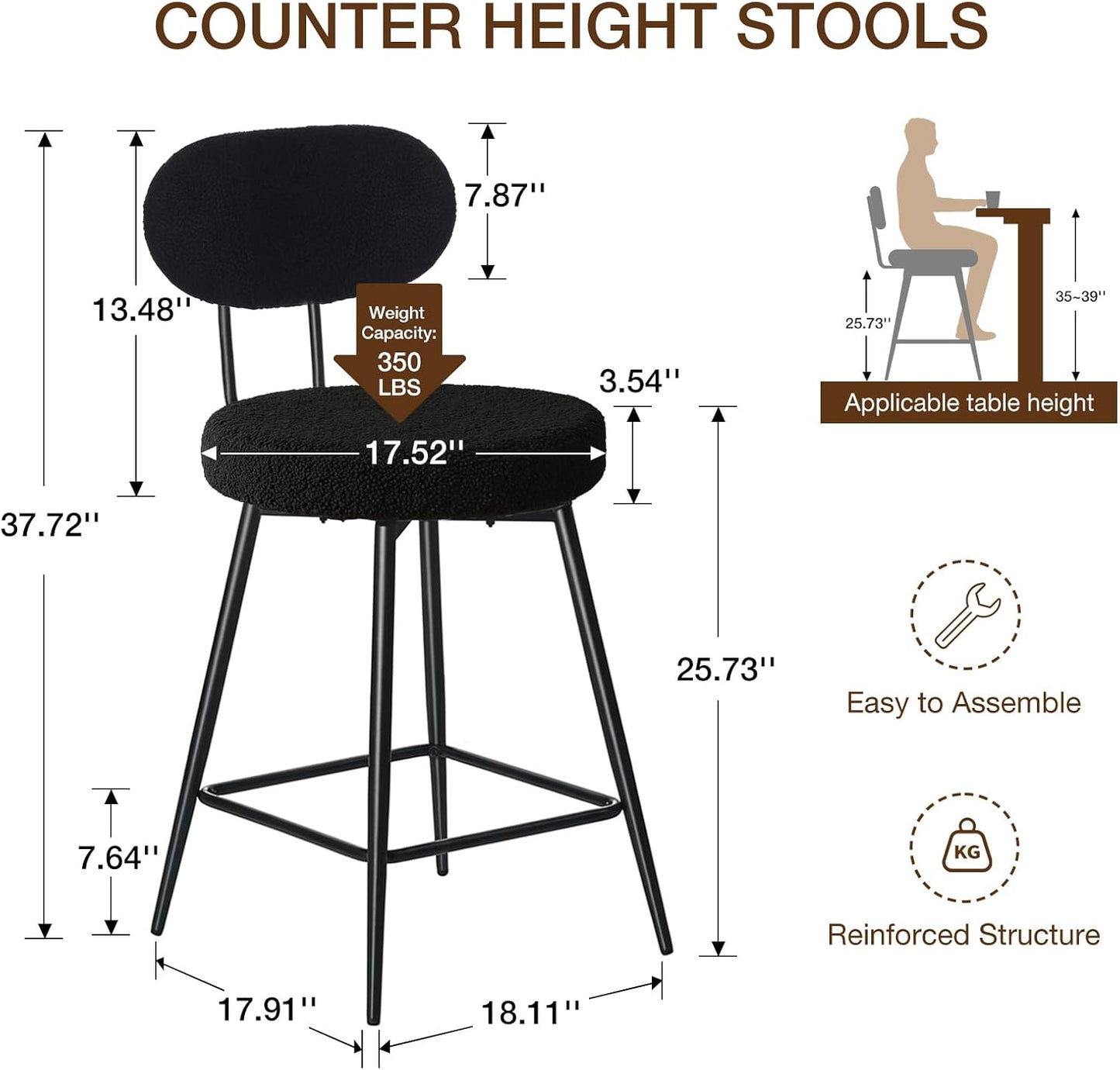 HOMMPA Swivel Bar Stools Set of 3 Counter Height Bar Stools Chiars 26'' Boucle Upholstered Modern Counter Barstools with Back Metal Legs Bar Chairs for Kitchen Counter Island Black