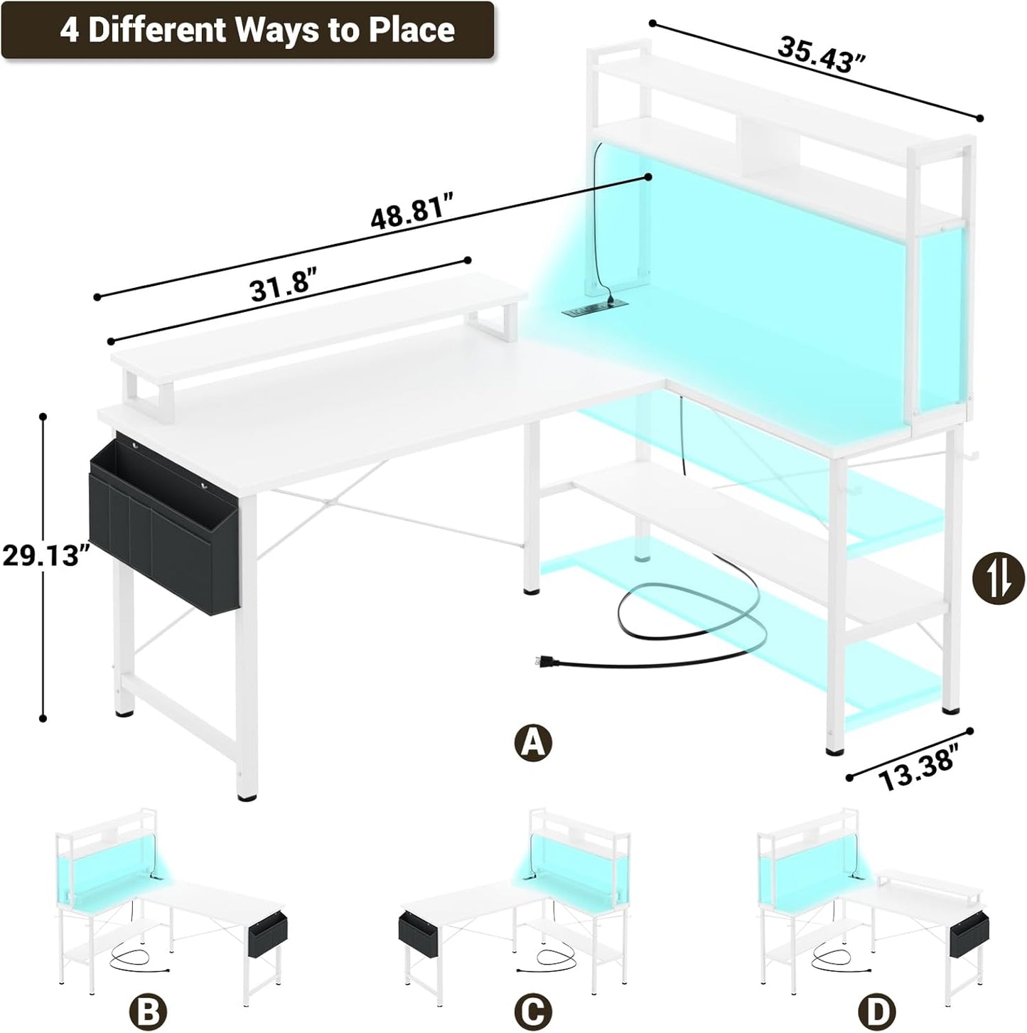 Aheaplus L Shaped Gaming Desk with Power Outlets & LED Lights, Small L- Shaped Desk Computer Corner Desk with Monitor Stand & Storage Shelf, Home Office Desk Writing Desk with Storage Bag, White