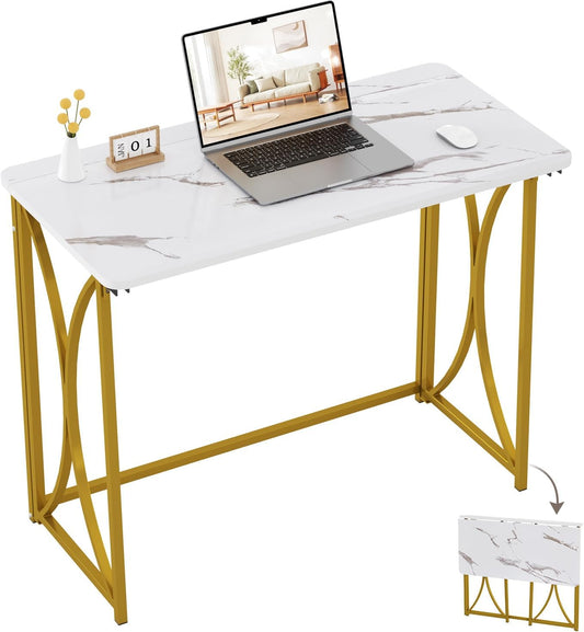 Folding Desk, 31.5" Small for Bedroom, Space Saving Foldable Computer Desk for Home Office, Easy Assembly, White and Gold