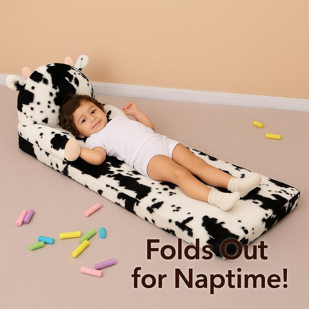 Toddler Chair with Faux Rabbit Fur – 2-in-1 Foldable Kids Couch, Soft Sofa for Reading, Napping, Bedroom or Playroom Use, 18 Months+ （Cow）