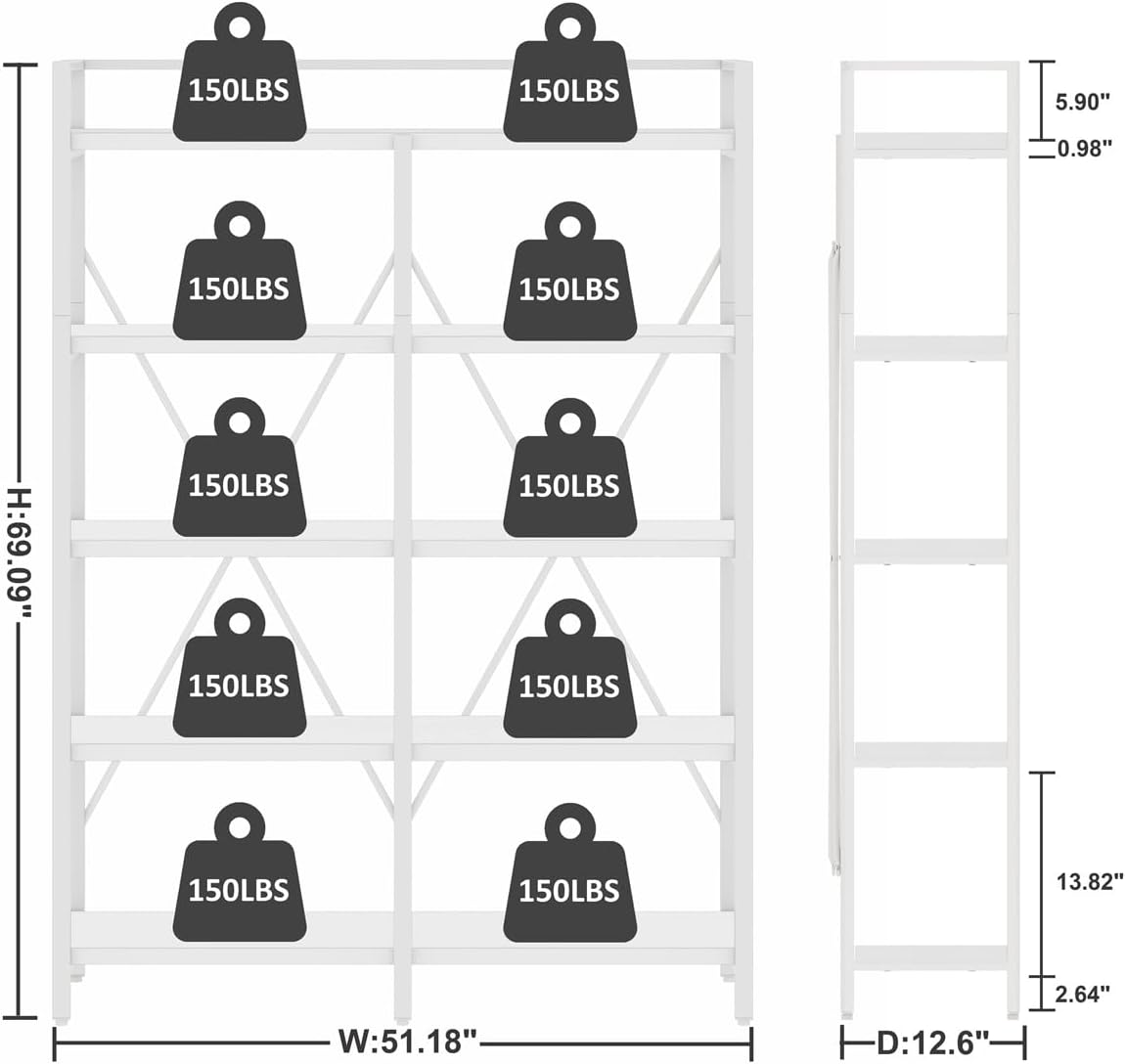 FATORRI Bookshelves and Bookcases, 5 Tier Tall Wood Metal Bookshelf, 51in Wide Bookcase Modern Shelving Unite for Home Office, Living Room, Bedroom (White Oak)