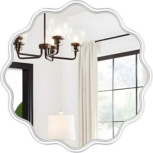 PROHOMEWARE White Round Mirror 24 Inch Wavy Bathroom Vanity Mirror White Frame Modern Wall Mirror Decorative Wall-Mounte Anti-Rust, Tempered Glass