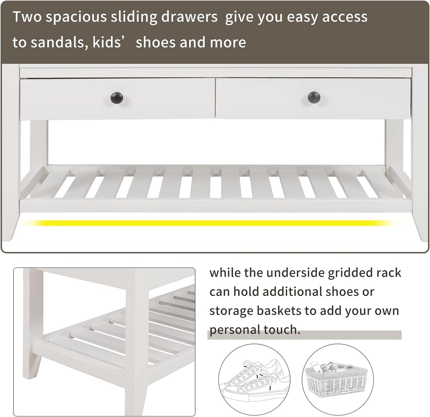 39″ Storage Bench with Cushioned Seat and Drawers,Multipurpose Wooden Entryway Ottoman,Hidden Compartment Organizing Shoe Rack,for Bedroom Hallway Porch,White