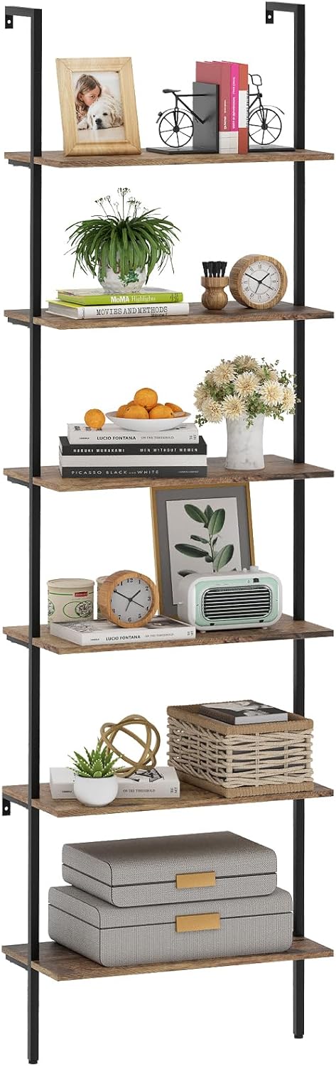 Bookcase Rustic Brown 6 Tiers Modern Bookshelf Room Organizer Open Tall Wall Mount Bookcase Standing Leaning Wall Shelves Industrial Decorative Living Room Bed Room (Rustic Brown)