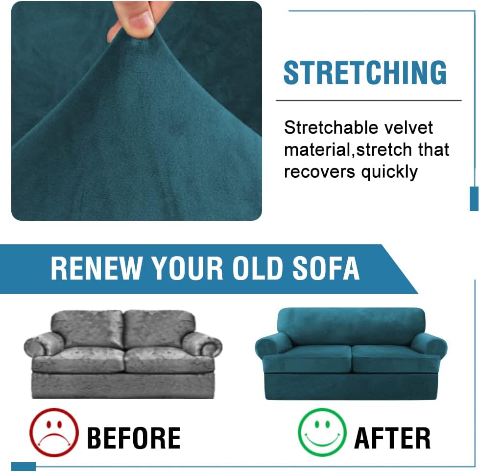 H.VERSAILTEX Sofa Cover 3 Piece T Cushion Sofa Slipcovers Thick Velvet Couch Cover Furniture Protector Stretch T Cushion Sofa Covers for 2 Cushion Couch with 2 Individual T Cushion Covers, Deep Teal