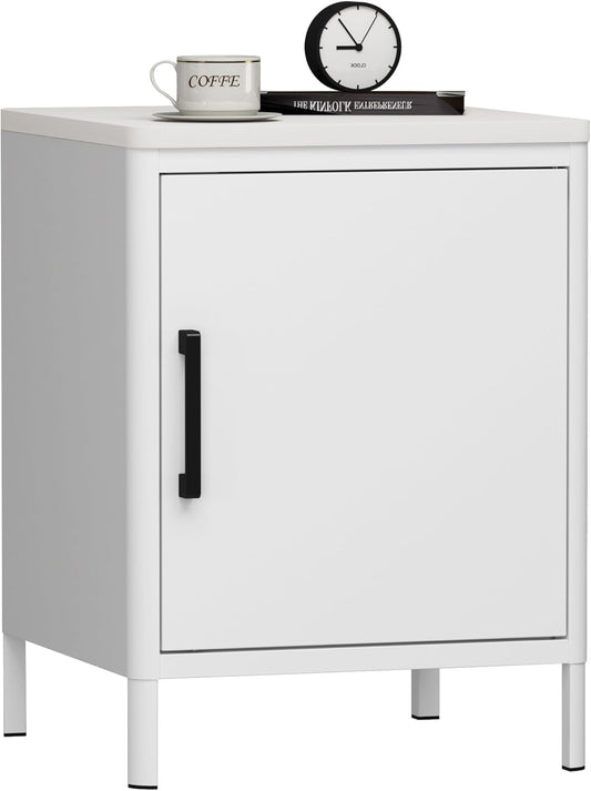 Nightstand with 1 Door, Metal Side Table with Wooden top for Bedroom, Living Room and Dorm 15.75 x 15.67 x 21.26 Inches (1 Door, Cream)