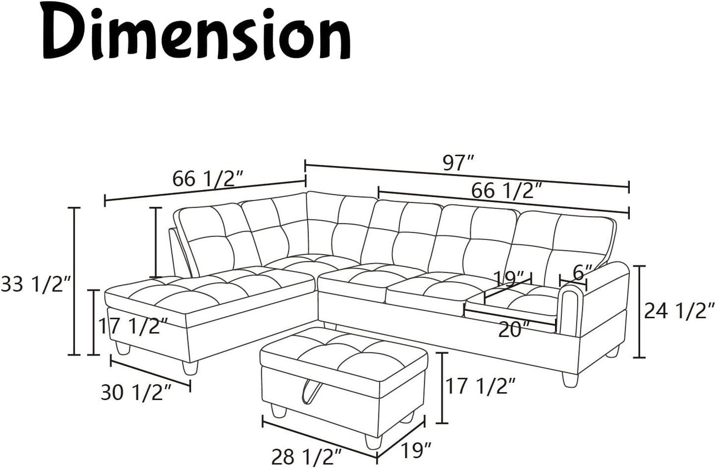 Modern Living Room Furniture Sets with Pillows, Modular Sectional Couches with Chaise Lounge, 4-Seaters L Shape Sofa with Storage Ottoman, for Living Room, Black