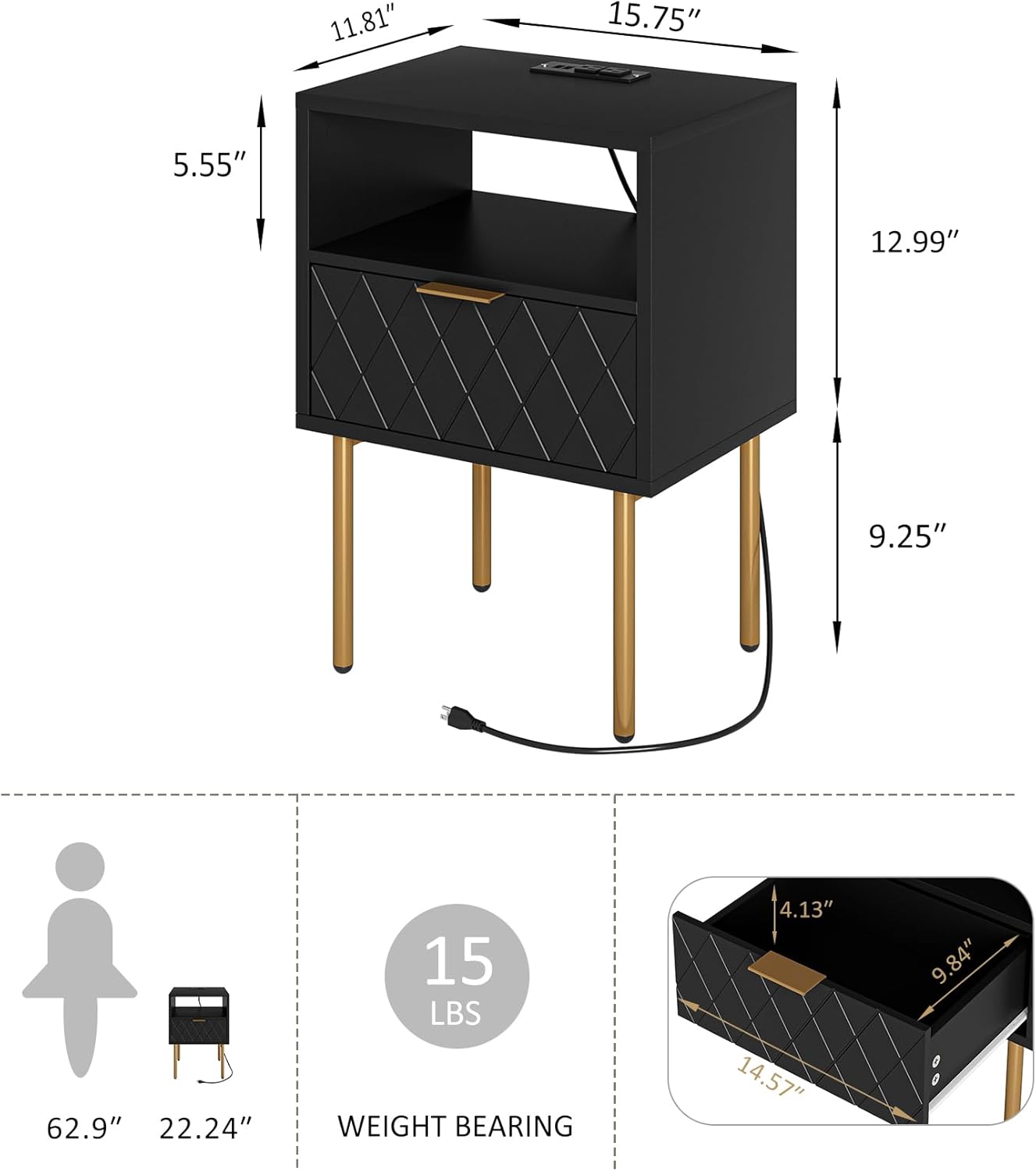 Nightstand,Small Bedside Table with Gold Frame,Morden Night Stand with 2 Drawer,End Table,Side Table with Drawer and Shelf for Bedroom,Living Room (Black-Diamond-Outlet)