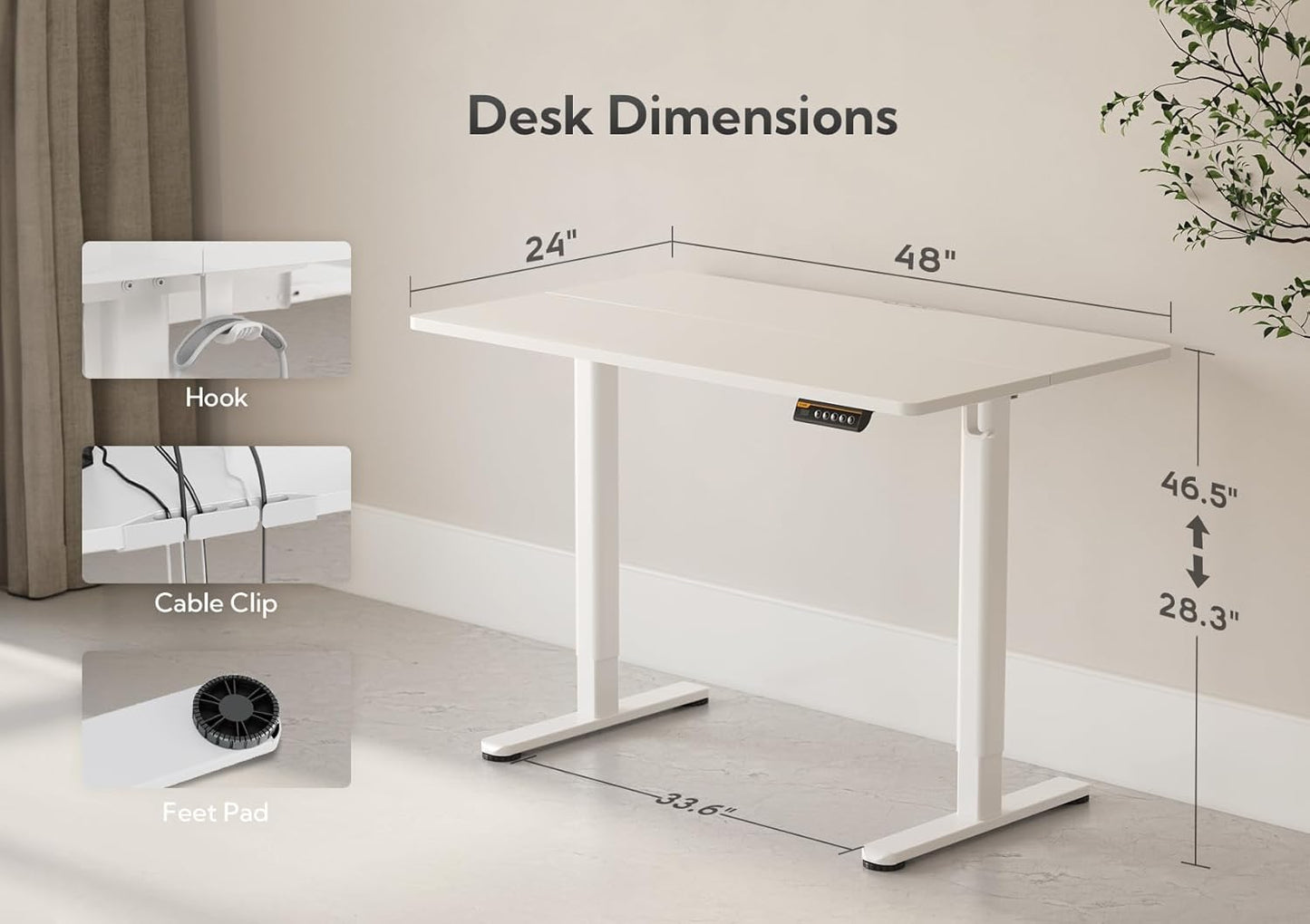 Claiks Electric Standing Desk, Adjustable Height Stand up Desk, 48x24 Inches Sit Stand Home Office Desk with Splice Board, White Frame/White Top