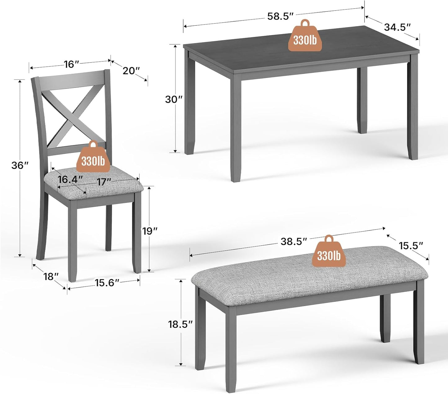 6-Piece Wooden Dining Table Set, Dining Table Set for 6, Including 1 Dining Table, 4 Upholstered Chairs and 1 Bench, Wooden Legs Dining Table, Table Set for Dining Room, Grey