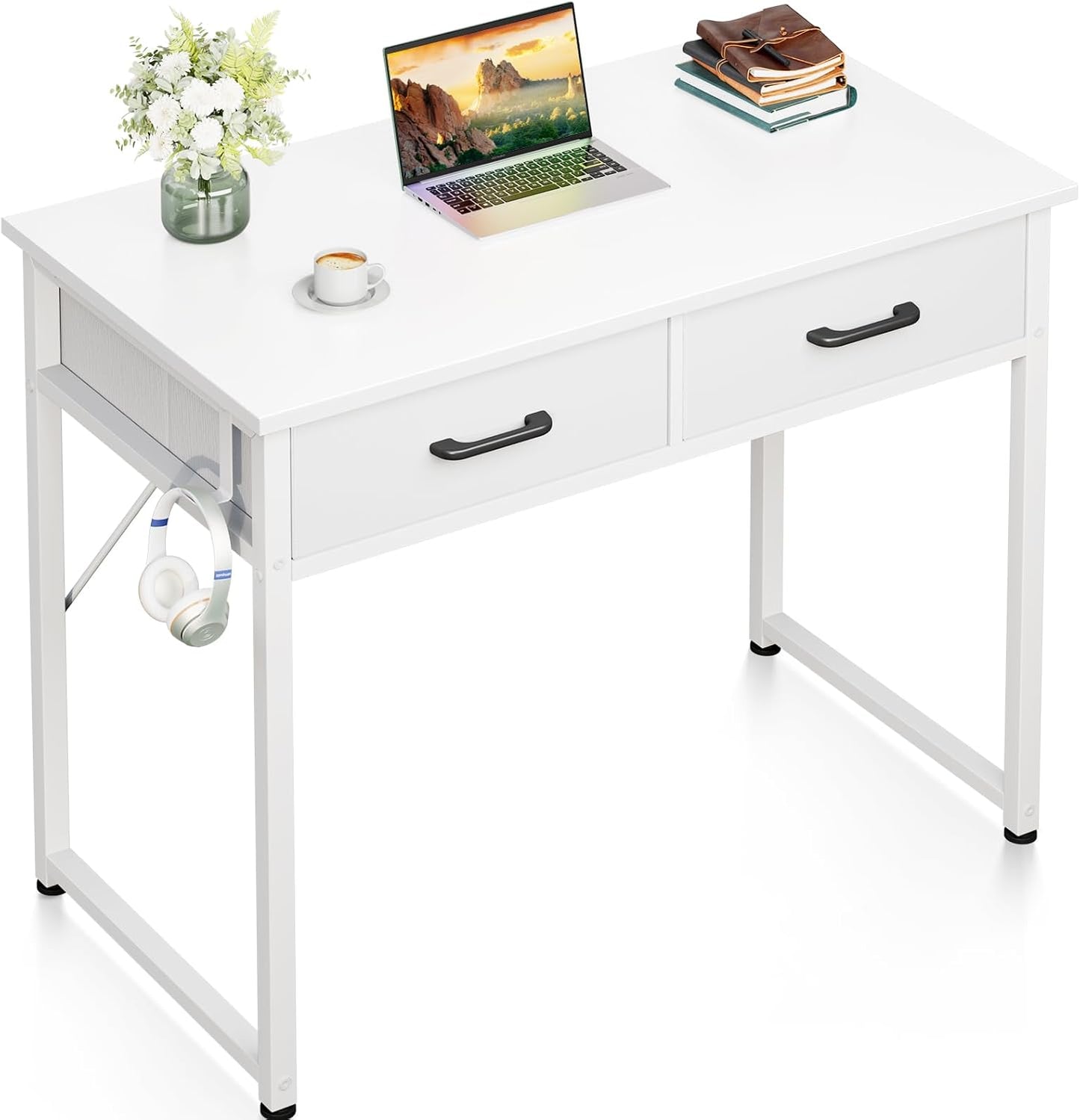 Casaottima 32 Inch Small Office Computer Desk with 2 Drawers & Headphone Hook - Compact Writing Desk for Home Office, Study or Work, Modern Space-Saving Design for Small Spaces, White
