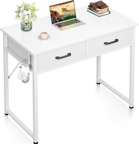 Casaottima 32 Inch Small Office Computer Desk with 2 Drawers & Headphone Hook - Compact Writing Desk for Home Office, Study or Work, Modern Space-Saving Design for Small Spaces, White