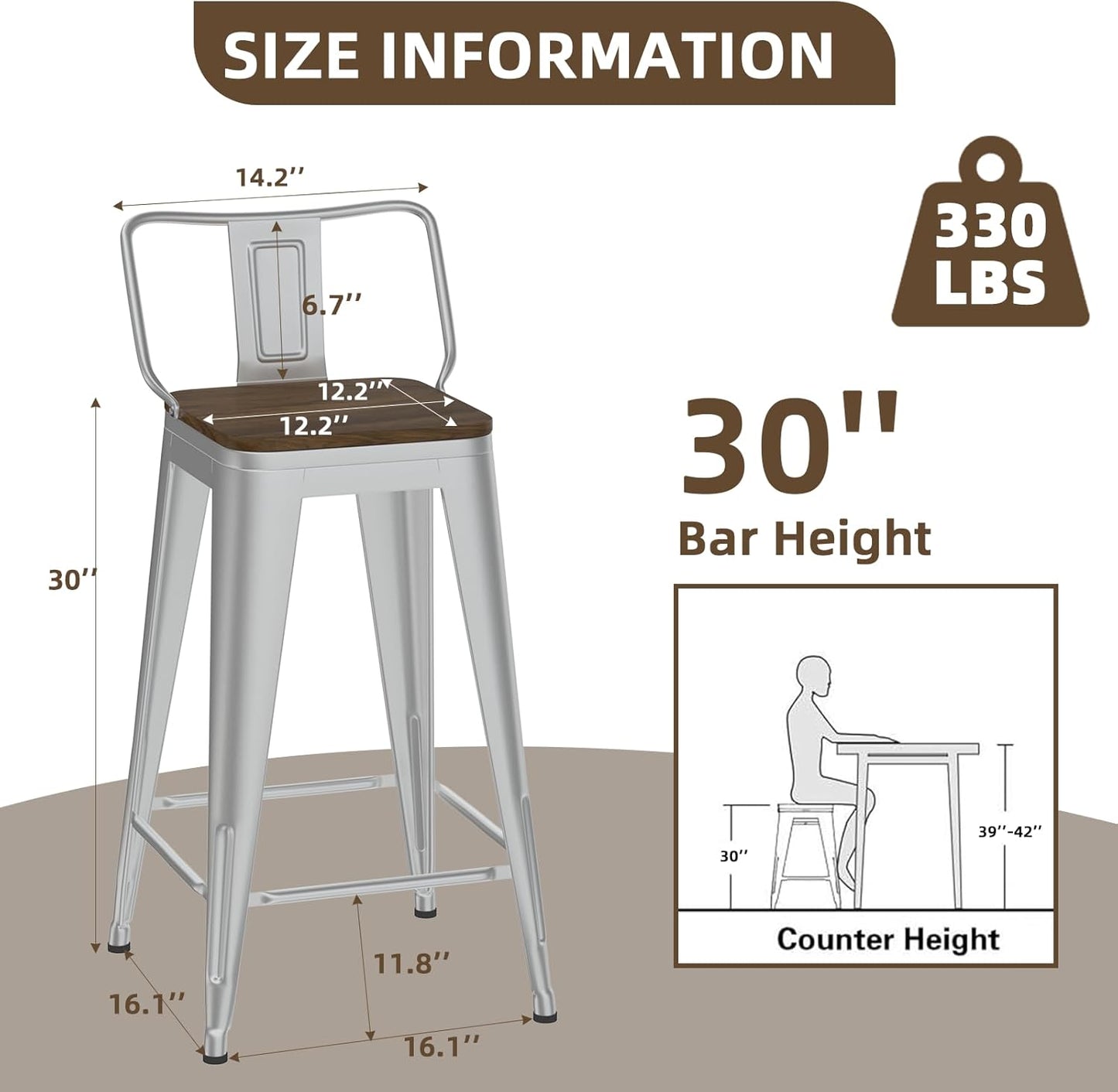 30 Inch Swivel Bar Stools Set of 4, Counter Height Bar Stools with Low Back, Metal Industrial Bar Chairs for Kitchen Island (Silver)