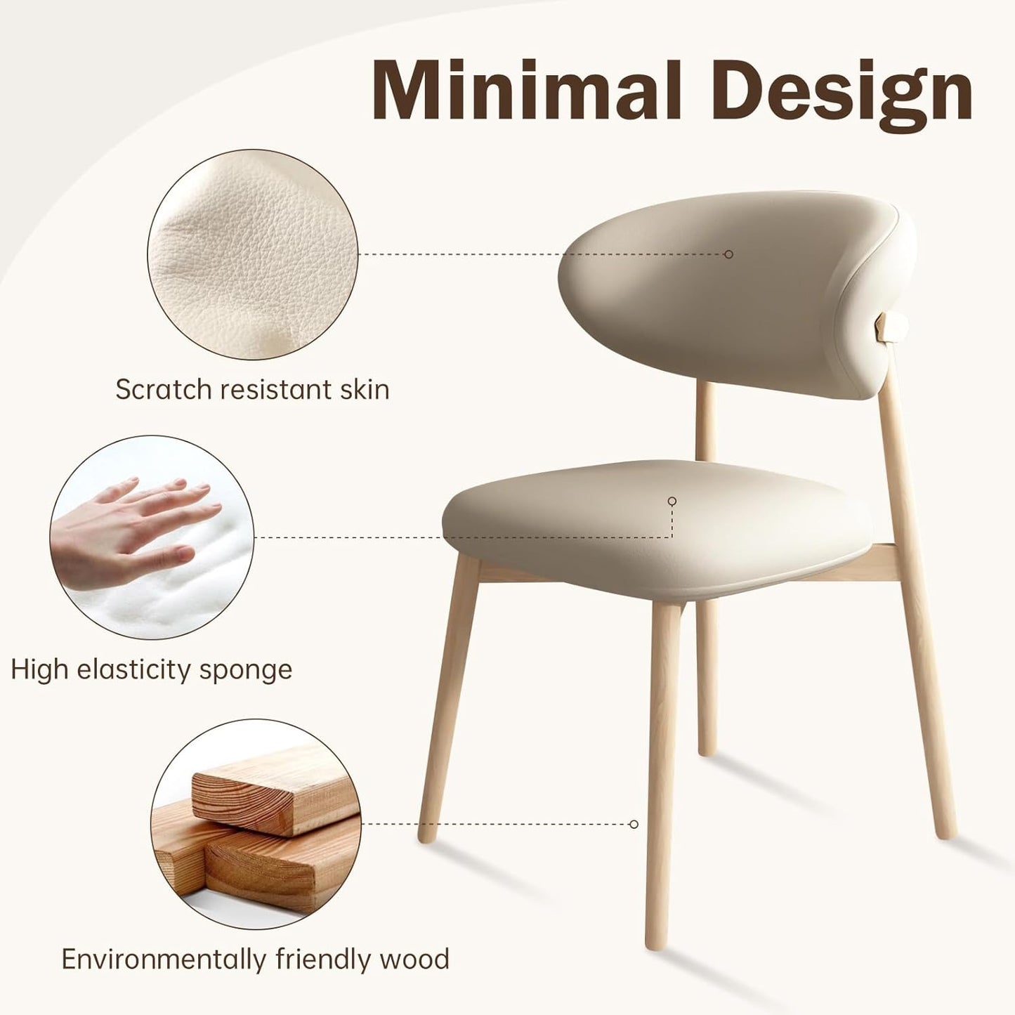 Upholstered Dining Chairs Set of 2,Mid Century Modern Kitchen Chairs with Back and Wood Frame,Faux Leather Dinner Chairs (White +Original Wood Legs, Set of 2)