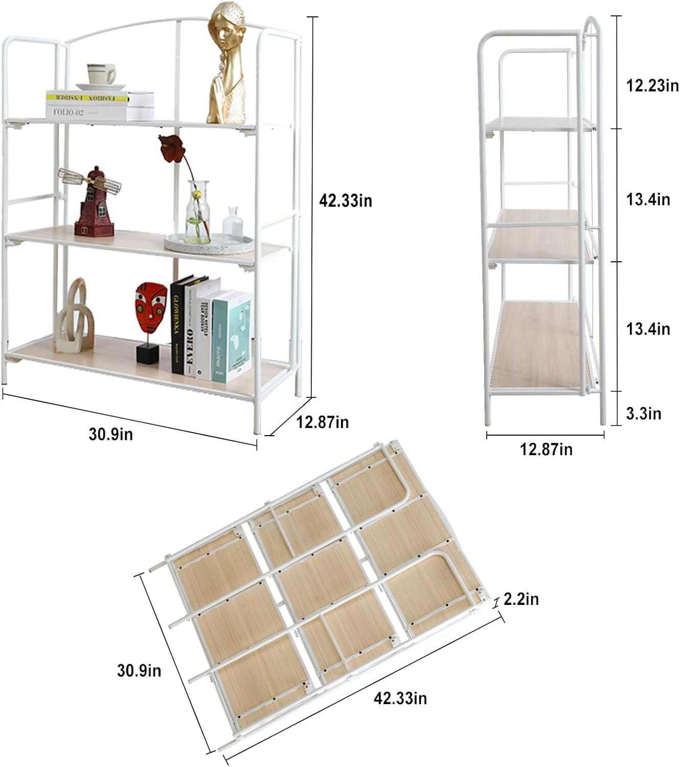 Crofy No Assembly Folding Bookshelf for Living Room, 3 Tier White Collapsible Book Shelf for Home Office, Portable Bookcase Storage Organizer