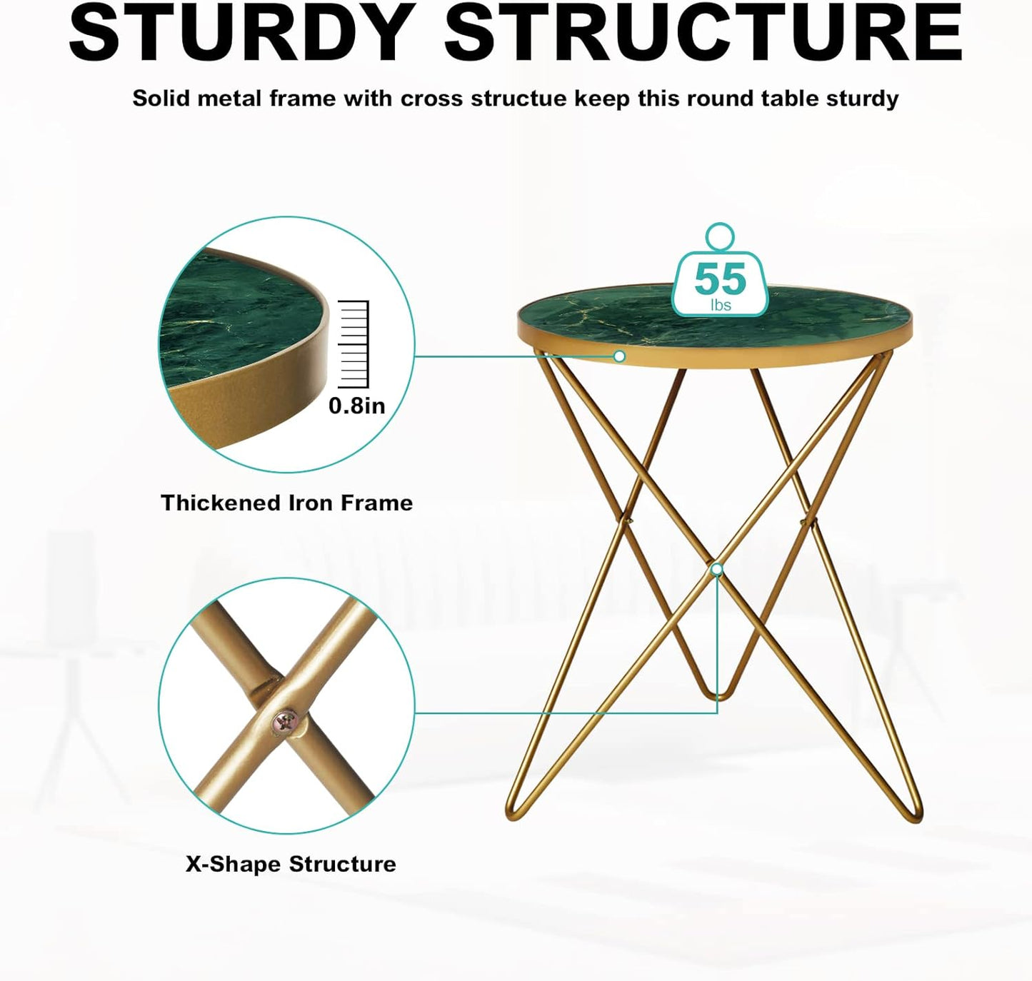 HLR Modern Round Side Table Set of 2, End Table with Marble Effect Top and Gold Metal Frame, Small Side Table for Living Room, Bedroom, Sofa and Couch, Gold Legs, Green Marble top