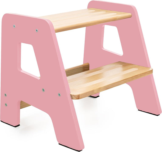 2-Step Wooden Step Stool for Toddlers | Kids Stool for Bathroom Sink & Kitchen Use | Non-Slip Step | Wooden Stool for Children Ages 2+ Years Pink