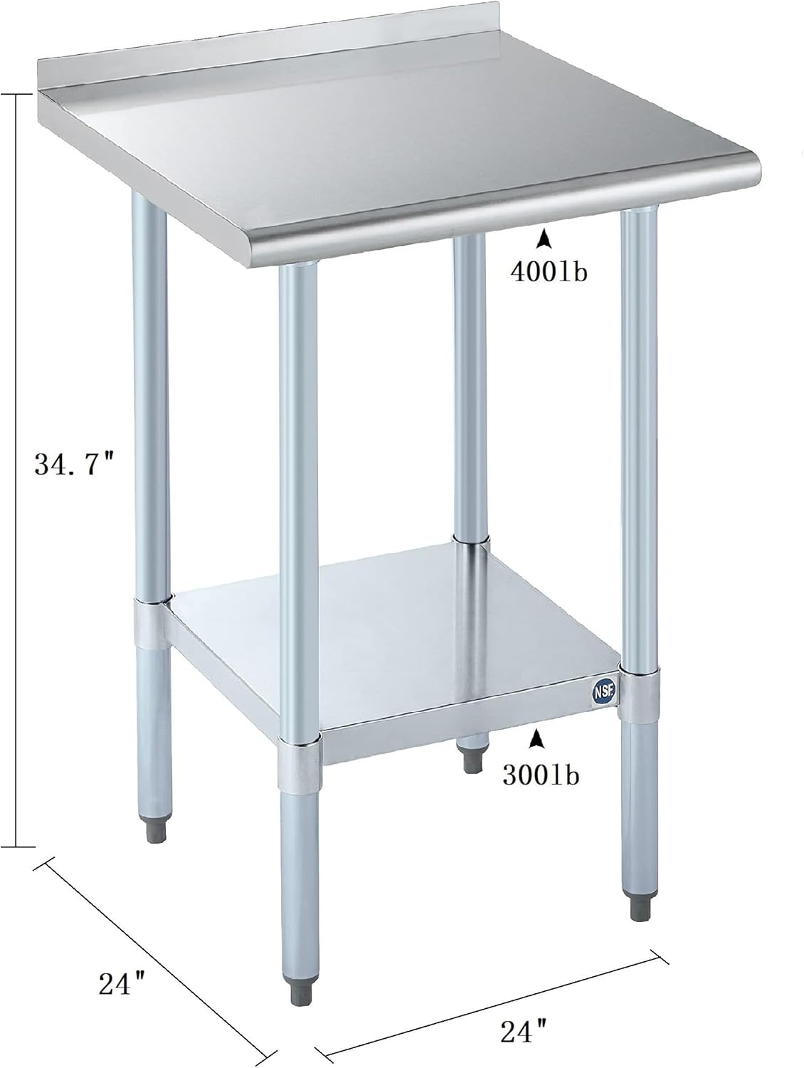 ROCKPOINT Stainless Steel Table for Prep & Work with Backsplash 24x24 Inches, NSF Metal Commercial Kitchen Heavy Duty Table with Adjustable Under Shelf and Table Foot for Restaurant, Home and Hotel