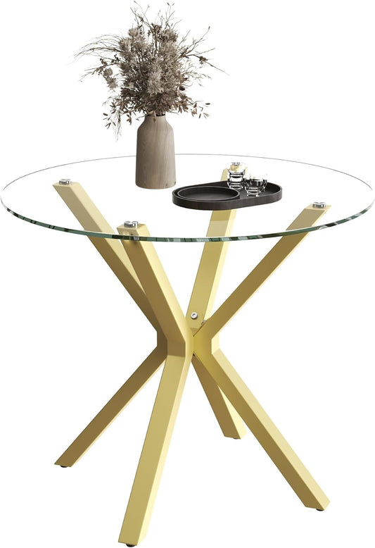Tempered Glass Dining Table for 2-4, 36 Inch Round Kitchen Table with Gold Metal Legs Modern Dinner Table for Dining Room Kitchen