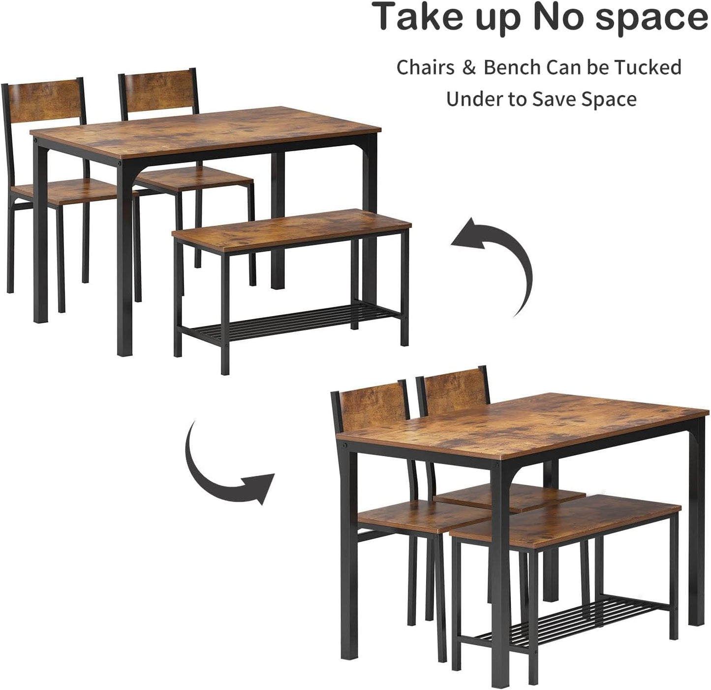 4-Piece Dining Table Set with Bench - 4 Person Kitchen Table and 2 Chairs for Small Spaces, Apartment - Metal Frame & Woodgrain Tabletop, Space-Saving Design, Durable & Easy to Clean, Rustic Brown