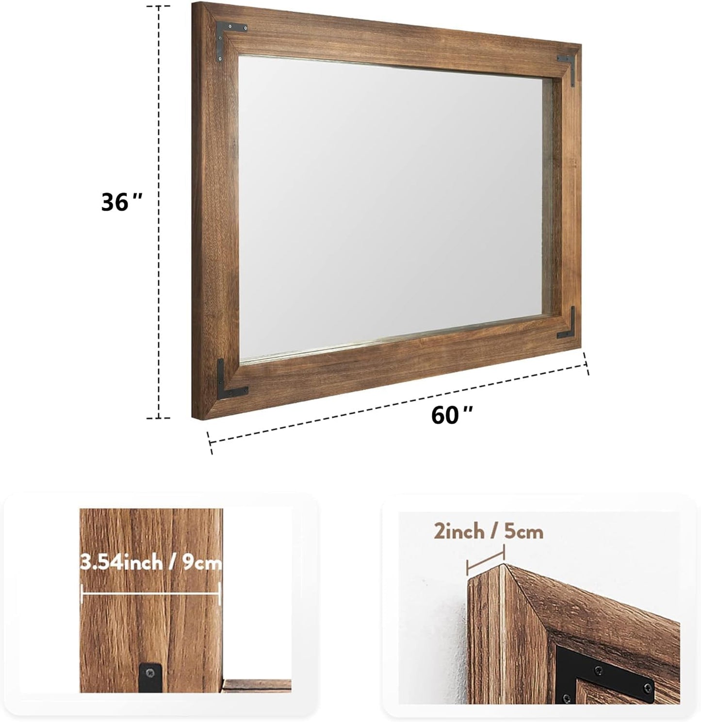 YOSHOOT Rustic Wooden Framed Wall Mirror, Natural Wood Bathroom Vanity Mirror for Farmhouse Decor, Vertical or Horizontal Hanging, 60" x 36", Brown