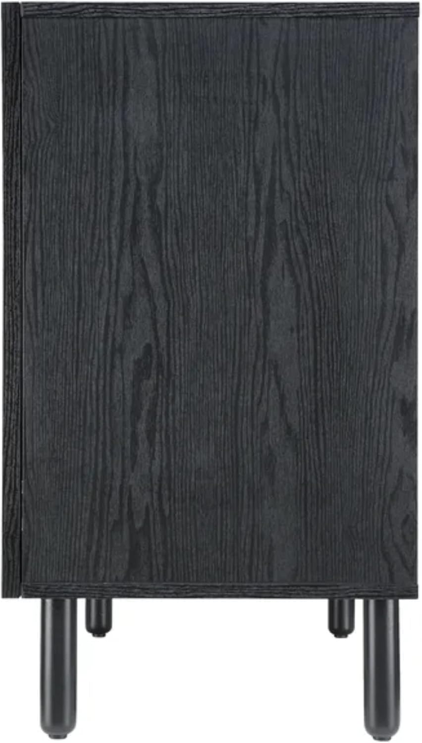 Sango Orre 2-Door Cabinet, Modern Black Storage Cabinet with Synthetic Rattan Door Panels, Adjustable Shelf, Cylindrical Wood Legs, Discreet Finger Pulls, Elegant Furniture for Living or Dining Room