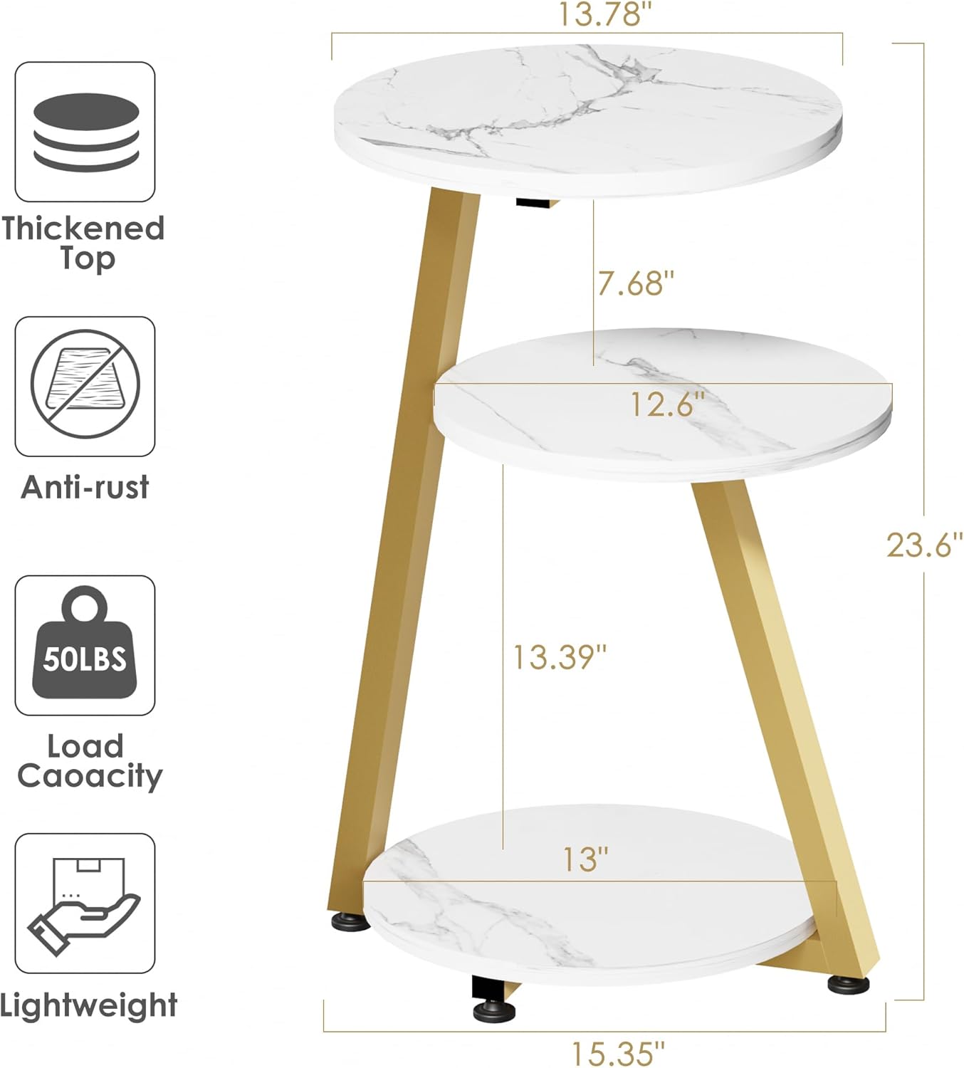 BEWISHOME Round End Table Marble Side Table with Metal Frame, Small Nightstand with 3-Tier Shelves, Night Stand for Living Room Bedroom Tall Gold White Stand KTZ41J