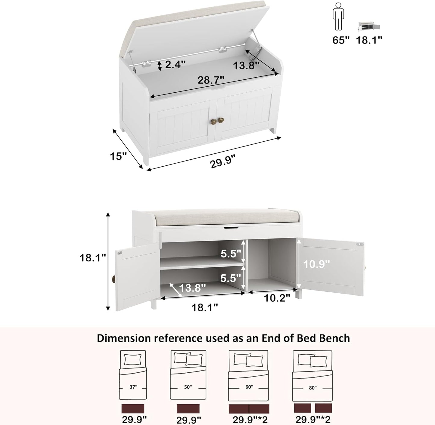 HOMEFORT 30" Shoe Bench with Lift Top Storage, Entryway Bench with Cushioned Seat, Wooden End of Bed Bench, Shoe Cabinet Bench with Hidden Storage Space, for Bedroom, Hallway,White