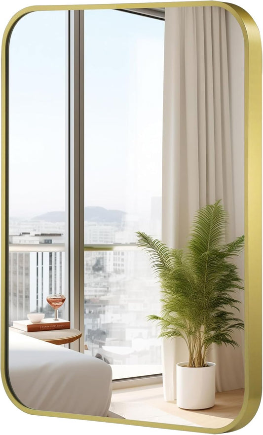 24x32 Inch Gold Mirror, Framed Rectangle Mirror with Rounded Corner, Brushed Brass Mirror, Gold Bathroom Mirror for Over Sink, Vanity, Living Room, Bedroom, Horizontal/Vertical
