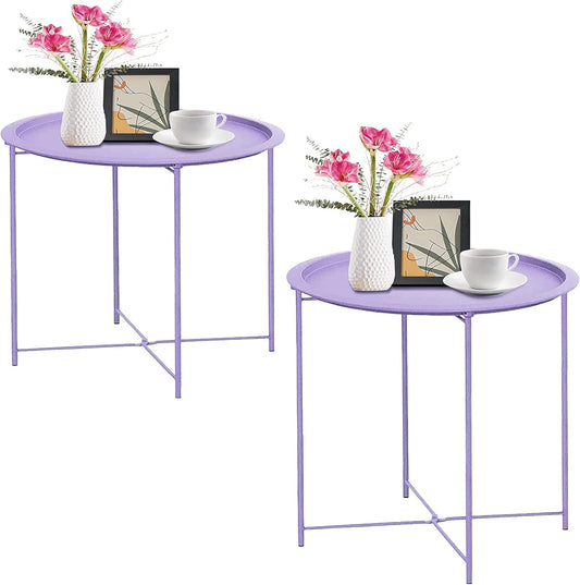 Garden 4 you End Table 2 PCS Metal Side Table Purple Round Folding Tray Cyan Sofa Small Accent Fold-able Table, Round End Table Tray, Next to Sofa Table, Snack Table for Living Room and Bed Room