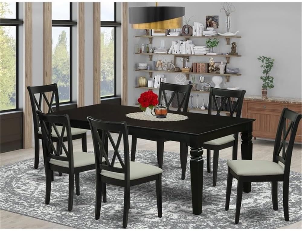 East West Furniture LGCL7-BLK-C 7 Piece Kitchen Table & Chairs Set Consist of a Rectangle Butterfly Leaf Dining Table and 6 Linen Fabric Upholstered Chairs, 42x84 Inch, Black