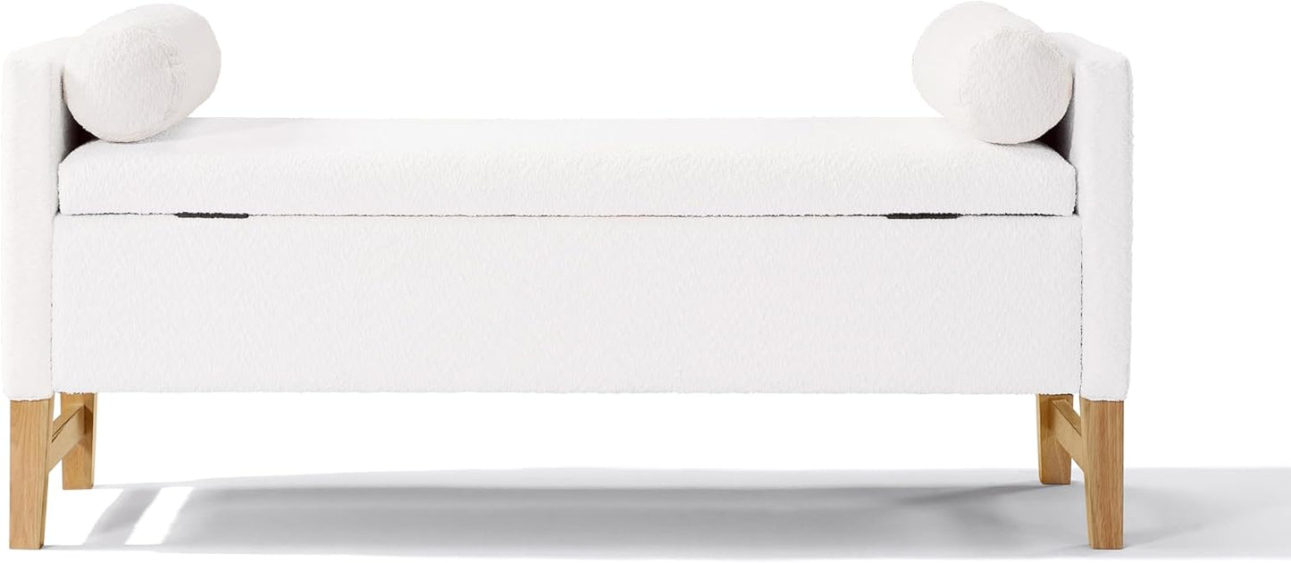 Merax Boucle Upholstered Storage Ottoman Bench 50.8" End of Bed Bench with 2 Round Pillows & Solid Wood Legs, Ample Hidden Storage Space, for Entryway Bedroom, Ivory