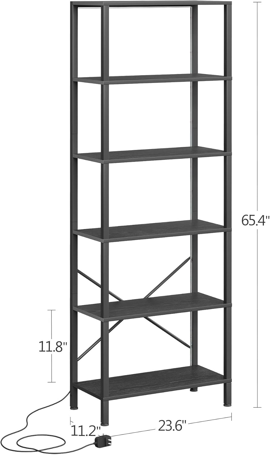 6-Tier Bookshelf, Tall Bookcase with LED Lights, Book Shelf with Steel Frame, 11.2" x 23.6" x 65.4", Display Storage Shelf for Living Room, Bedroom, Home Office, Study, Black