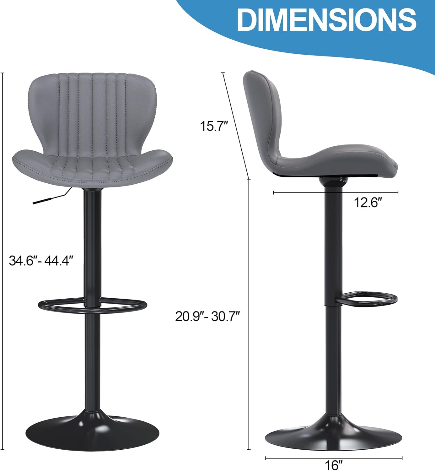 Shintenchi Bar Stools Set of 6 Modern Swivel Bar Chairs, Counter Height Faux Leather Metal Barstools, Upholstered Island Chairs with Back and Footrest, Gray