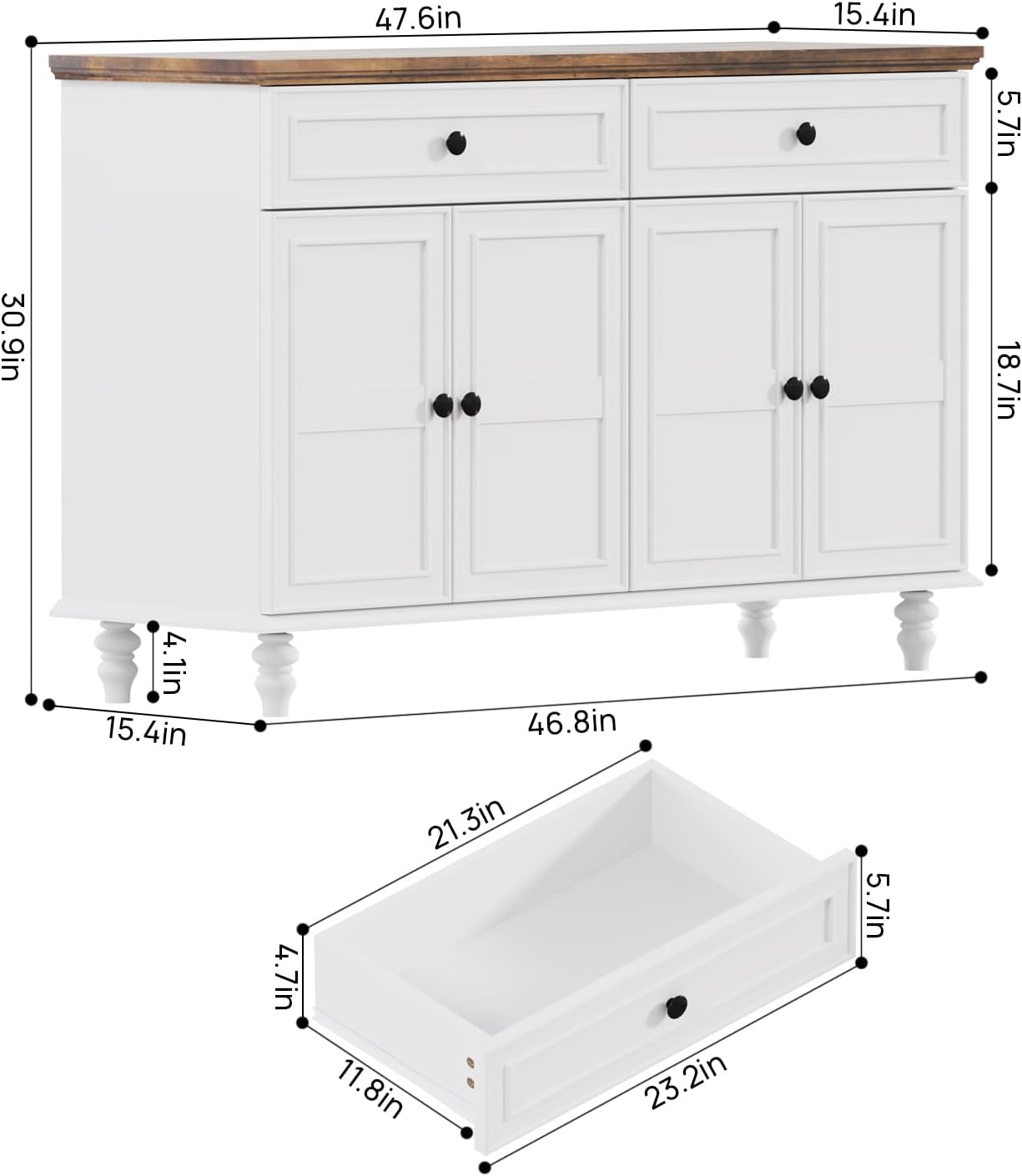 Farmhouse Buffet Cabinet with Storage, 47.6" Buffet Sideboard with 2 Drawers and 4 Doors, Wooden Kitchen Storage with Adjustable Shelves, Rustic Top Console Table for Dining Room, Kitchen or Entryway