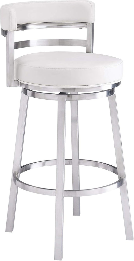 Armen Living Titana 30" Bar Height Swivel White Faux Leather and Brushed Stainless Steel Bar Stool